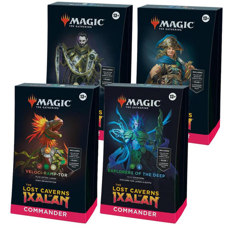 MTG The Lost Caverns of Ixalan Commander Decks by Wizards of the Coast featuring colorful cards and game components on a white background.