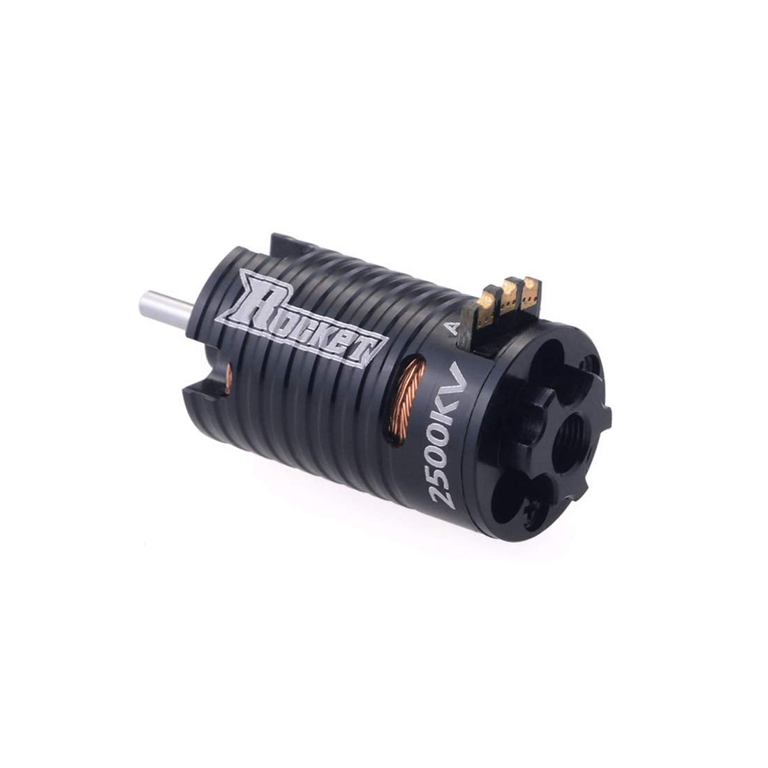 Surpass Hobby Rocket-RC Mini 1410 2500KV brushless motor for RC cars, compact and powerful with cooling fins and wiring.