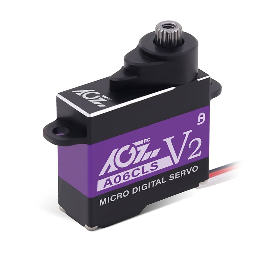 AGF RC A06CLS v2 digital coreless micro servo for RC cars, shown in black with mounting arms and wiring for precise control.