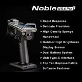 Flysky Noble NB4 Pro+ RC transmitter with FGr4B and FGr8B receivers, featuring multiple control sticks and display screen.