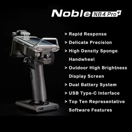 Flysky Noble NB4 Pro+ RC transmitter with FGr4B and FGr8B receivers, featuring multiple control sticks and display screen.
