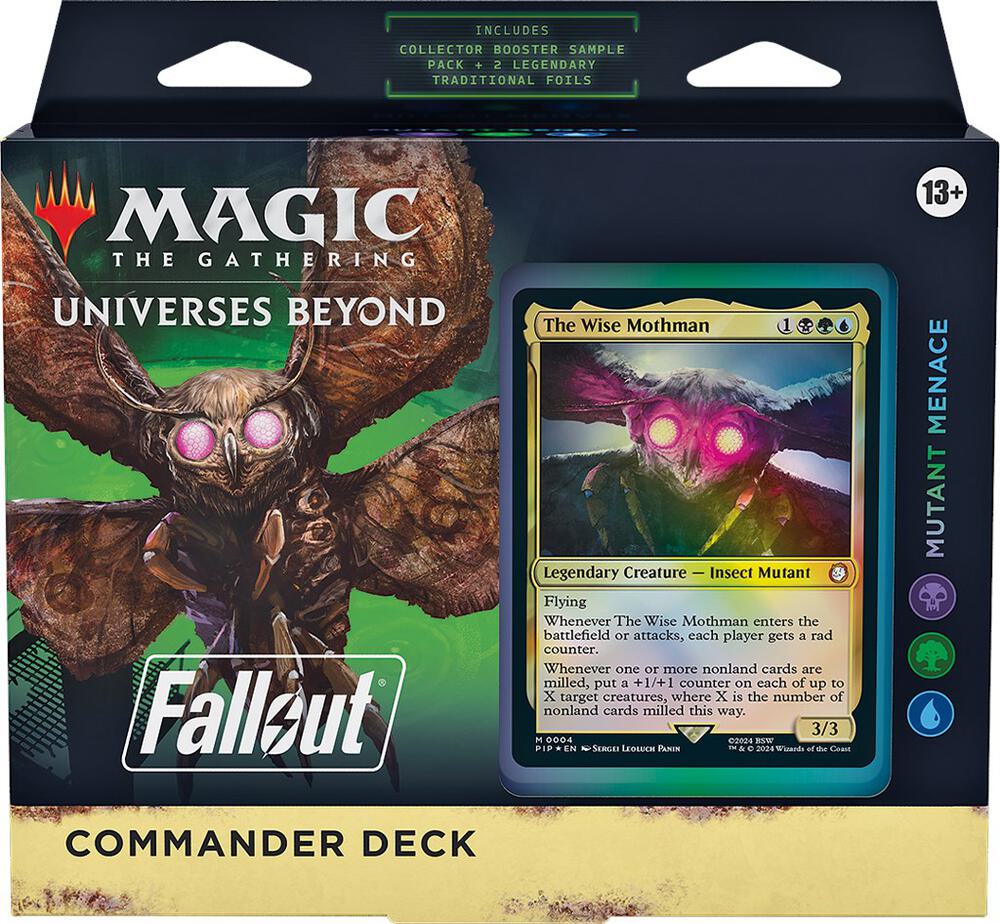 MTG Fallout Commander Deck box with colorful artwork and card sleeves from Wizards of the Coast for Magic: The Gathering.