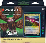 MTG Fallout Commander Deck box with colorful artwork and card sleeves from Wizards of the Coast for Magic: The Gathering.
