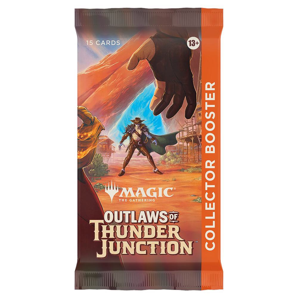 MTG Outlaws of Thunder Junction Collector Booster Pack by Wizards of the Coast, featuring colorful card artwork and booster packaging.