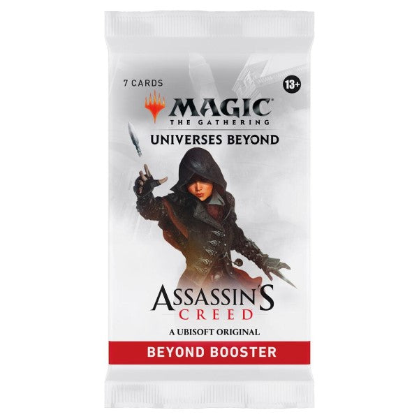 Assassin's Creed Beyond booster pack for Magic: The Gathering by Wizards of the Coast, featuring colorful card artwork and packaging.