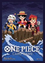 Bandai One Piece TCG official sleeves set with six colorful card protectors featuring anime character designs.