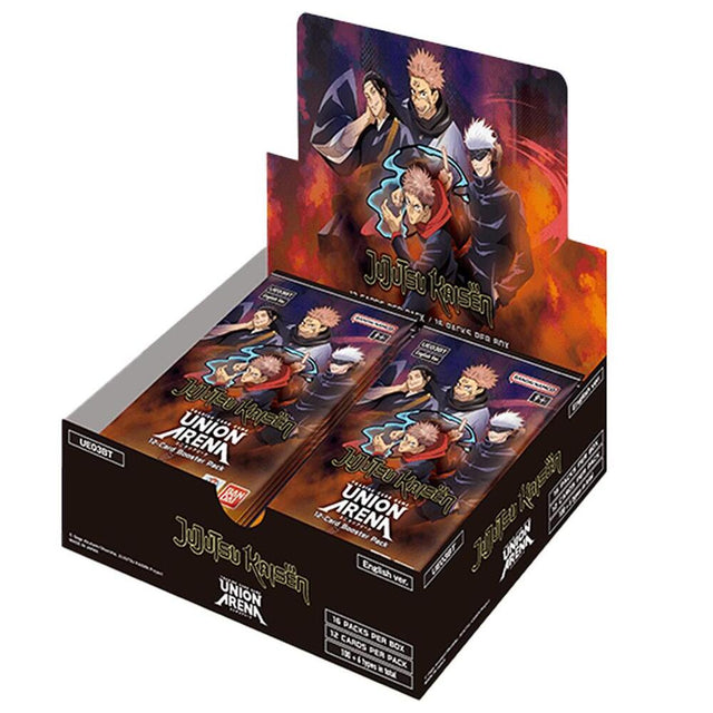 Union Arena Jujutsu Kaisen booster box with colorful manga-style artwork and multiple booster packs on a plain background.