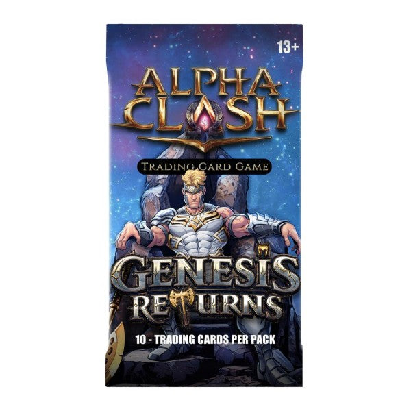 Alpha Clash TCG Genesis Returns Booster Pack by Rising Empire Studios, collectible trading cards in a sealed booster pack.