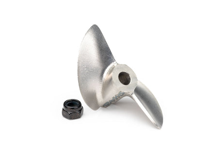 Traxxas steel 42x59mm propeller with durable blades for remote control boats or aircraft, shown in black with detailed design.