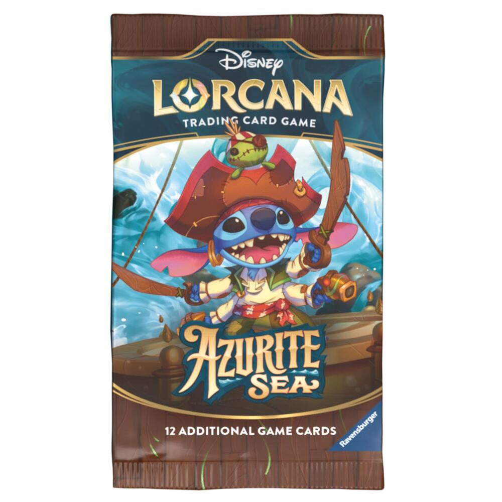 Lorcana TCG Azurite Sea booster pack with colorful fantasy-themed card illustrations on glossy packaging.