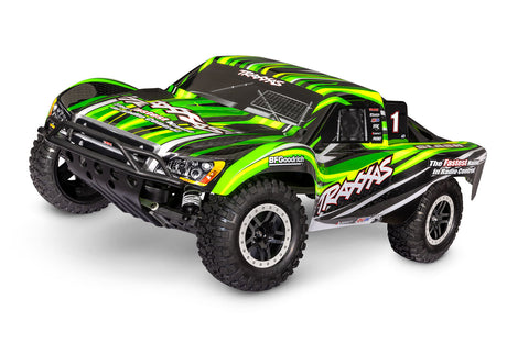 Traxxas Slash 2WD HD RC truck in green, front three-quarter view showcasing rugged design and off-road tires.