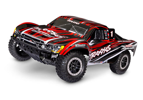 Red Traxxas Slash 2WD HD remote control truck shown from a three-quarter front angle, featuring rugged tires and detailed body.
