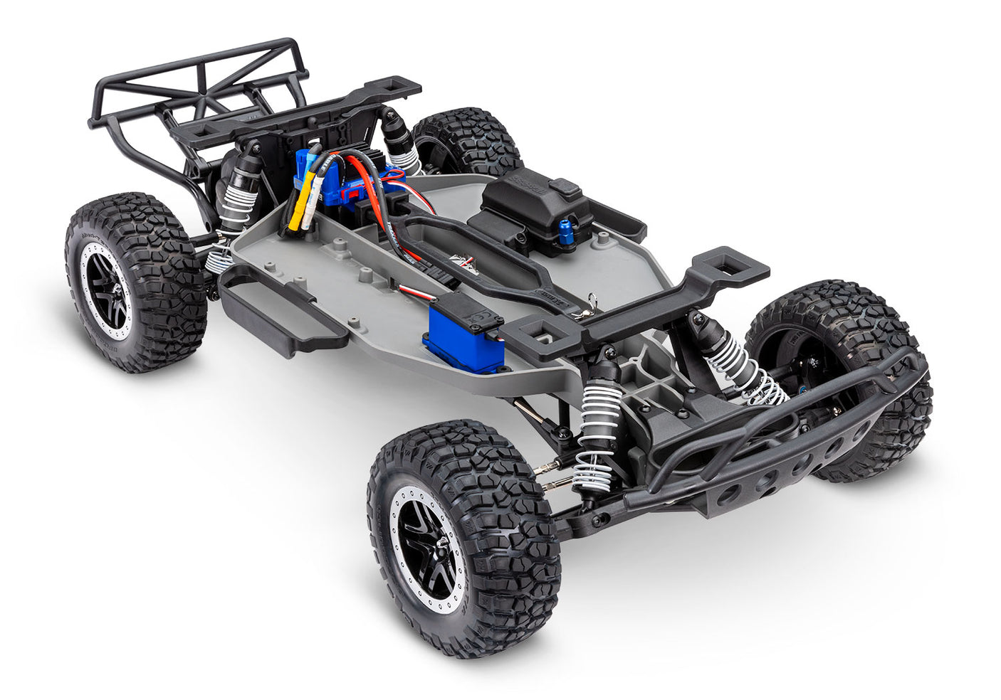 Traxxas Slash 2WD VXL RC truck front and 3/4 chassis view showing detailed suspension and body design.