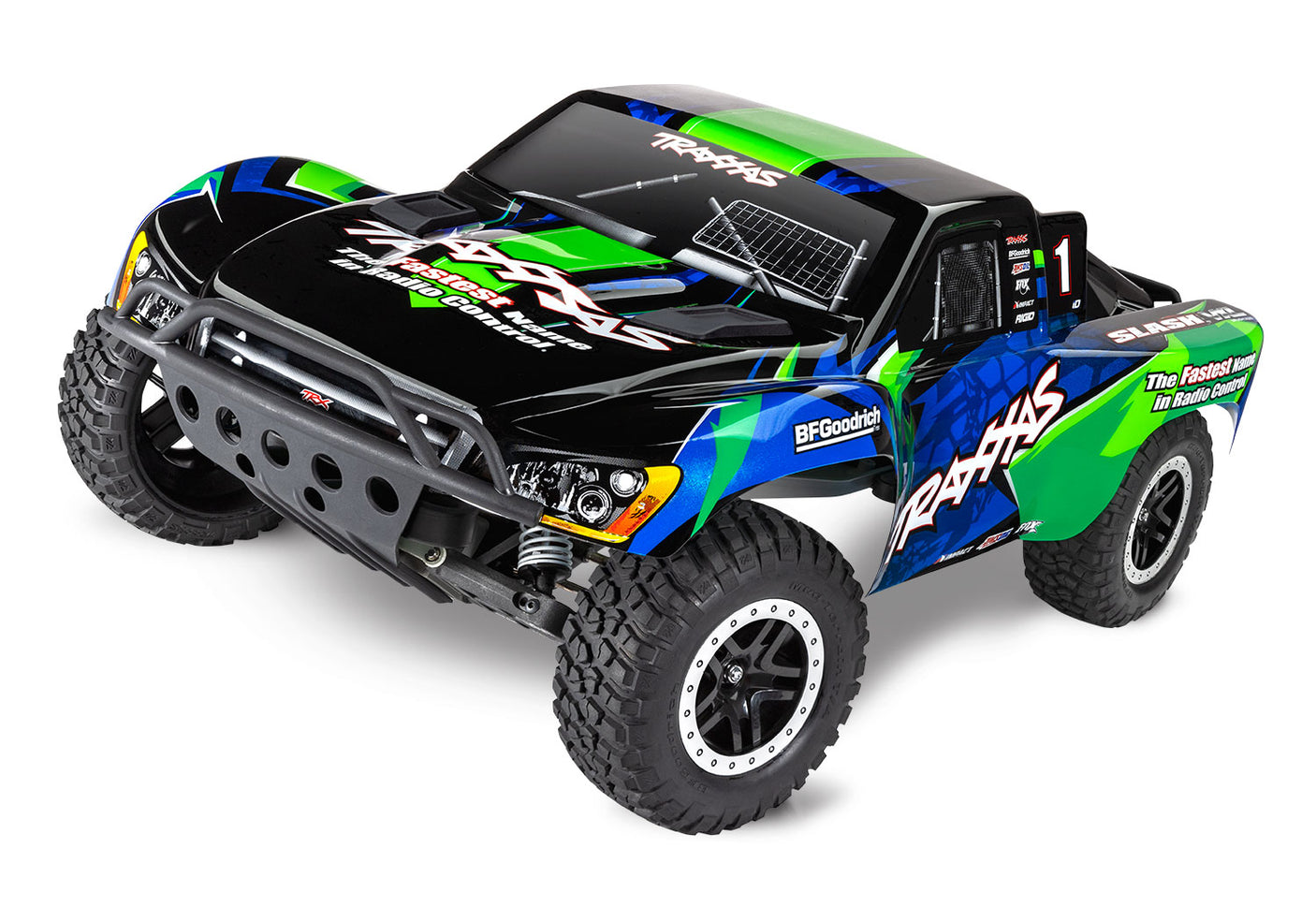 Blue Traxxas Slash 2WD VXL RC truck showing the front three-quarter view with detailed body and large off-road tires.