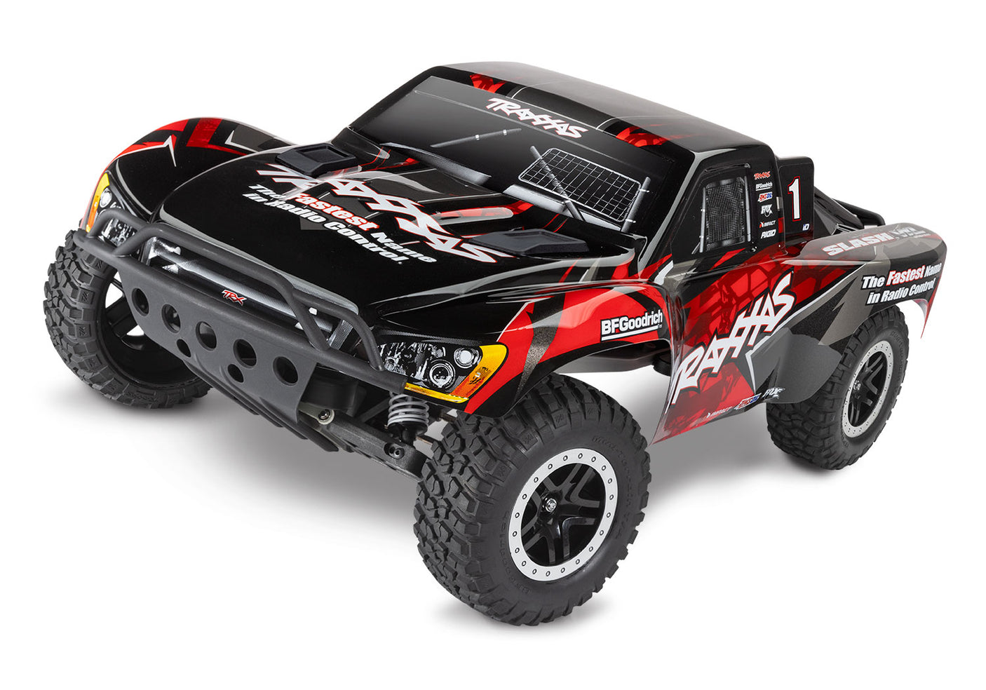 Red Traxxas Slash 2WD VXL RC truck shown from a three-quarter front angle, highlighting its sleek design and off-road tires.
