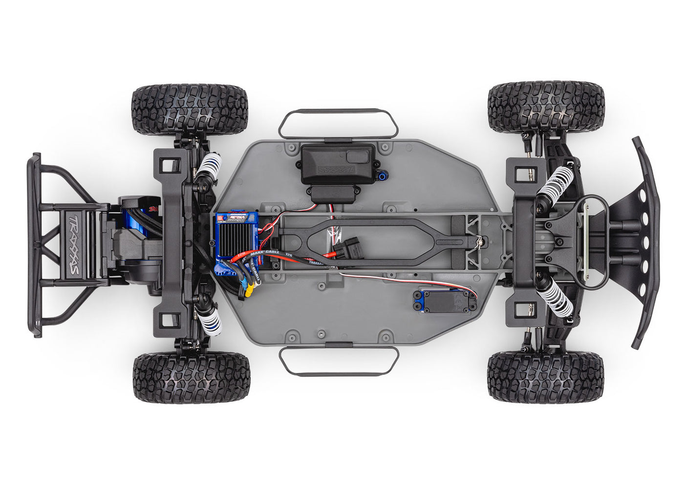Overhead view of Traxxas Slash 2WD VXL RC truck chassis showing detailed components and sleek design.