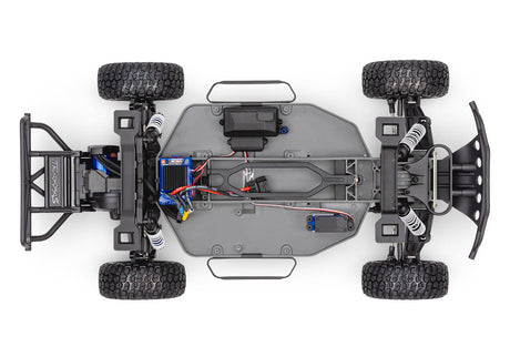 Overhead view of Traxxas Slash 2WD VXL RC truck chassis showing detailed components and sleek design.