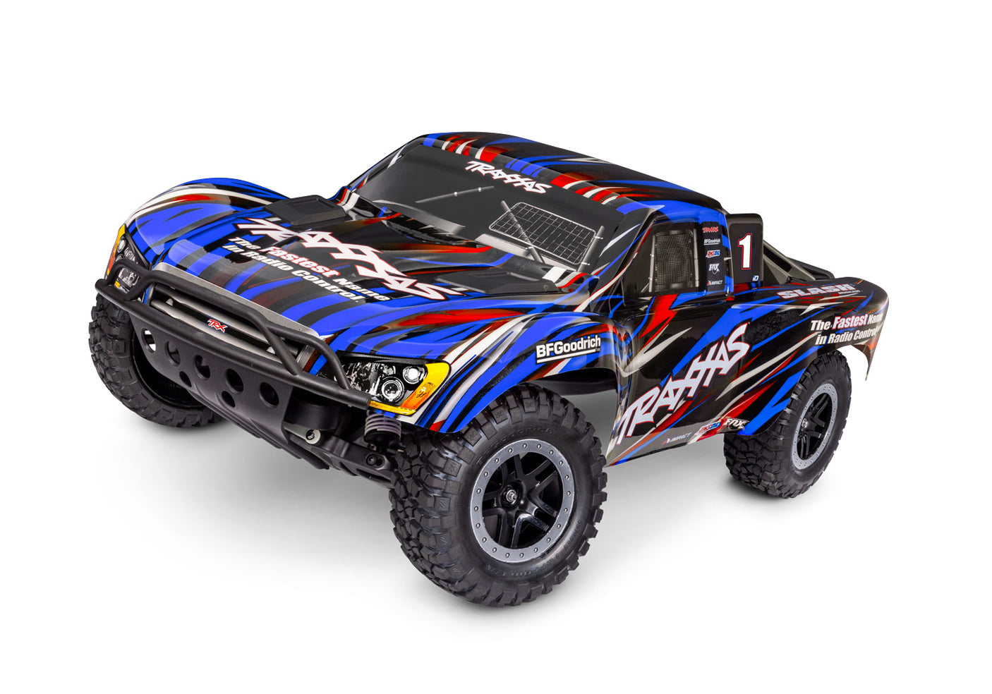 Traxxas Slash 2WD BL-2s remote control truck showing a three-quarter front view with blue body and detailed design.