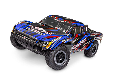 Traxxas Slash 2WD BL-2s remote control truck showing a three-quarter front view with blue body and detailed design.