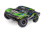 Traxxas Slash 2WD BL-2s RC truck with green body, showing the front three-quarter view and detailed design features.
