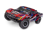 Red Traxxas Slash 2WD BL-2s RC truck shown from a three-quarter front view. Durable off-road vehicle with detailed body and wheels.