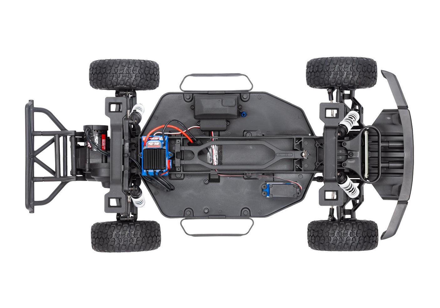 Overhead view of Traxxas Ford Raptor 2WD BL-2s RC truck chassis showing detailed black and silver components.