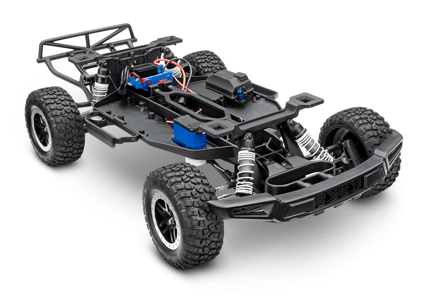 Traxxas Ford Raptor 2WD BL-2s RC truck chassis shown from a 3-quarter front angle.