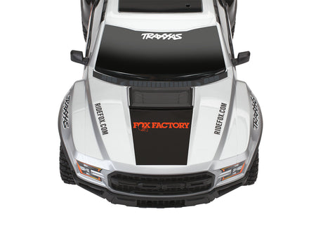 Traxxas Ford Raptor 2WD BL-2s remote control truck with front overhead view, featuring detailed Raptor Fox Edition design.