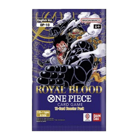 Bandai One Piece TCG Royal Blood Booster Pack of collectible trading cards, featuring vibrant character artwork and game cards.