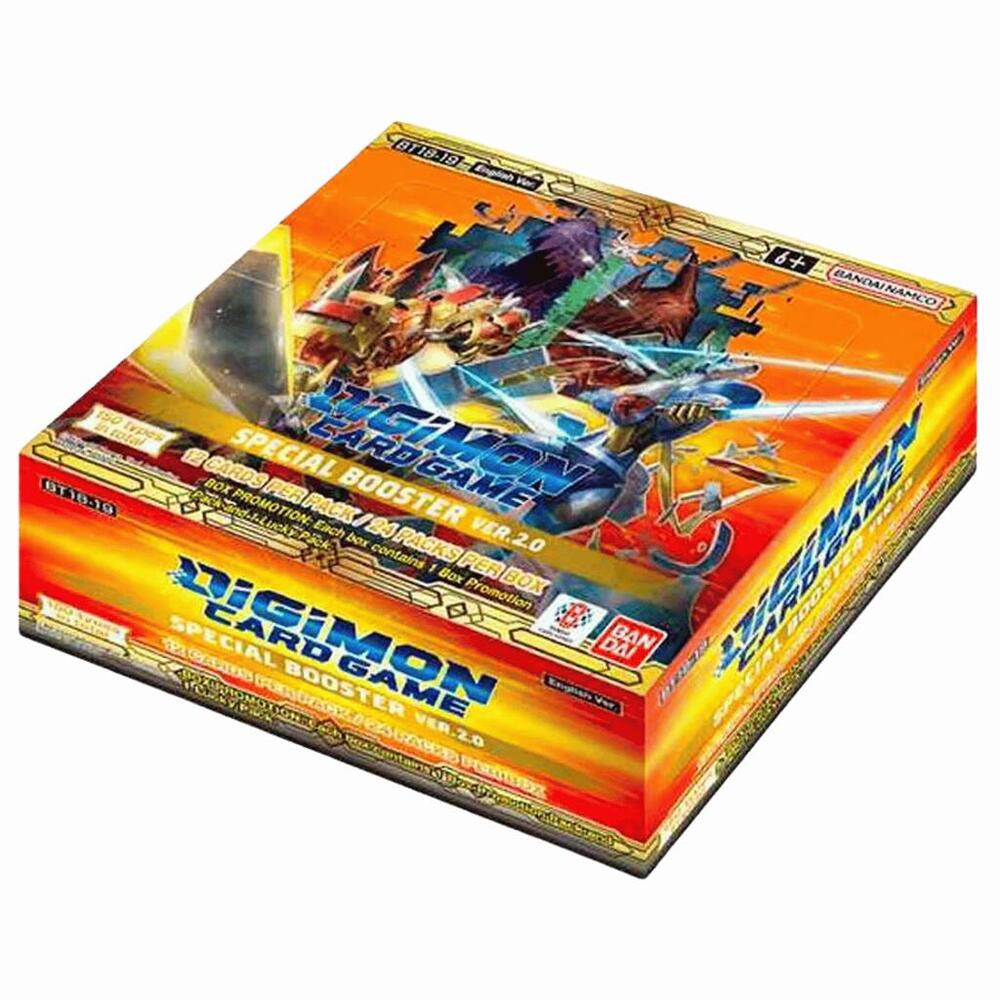 Digimon Card Game Special Booster Box V2 by Bandai featuring vibrant artwork and multiple booster packs on the packaging