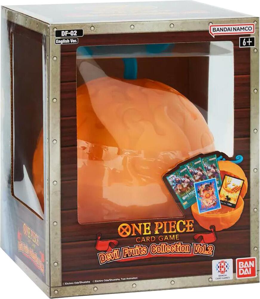 Bandai One Piece TCG Devil Fruits Collection Vol. 2 card pack with colorful illustrated cards featuring iconic characters and devil fruits.