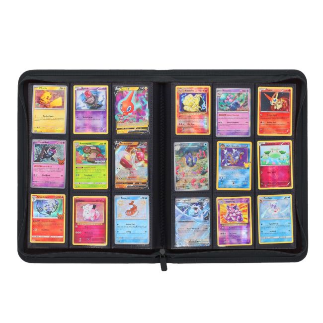 BCW Z-Folio 9-pocket album for storing and displaying trading cards with clear plastic pages and black cover.