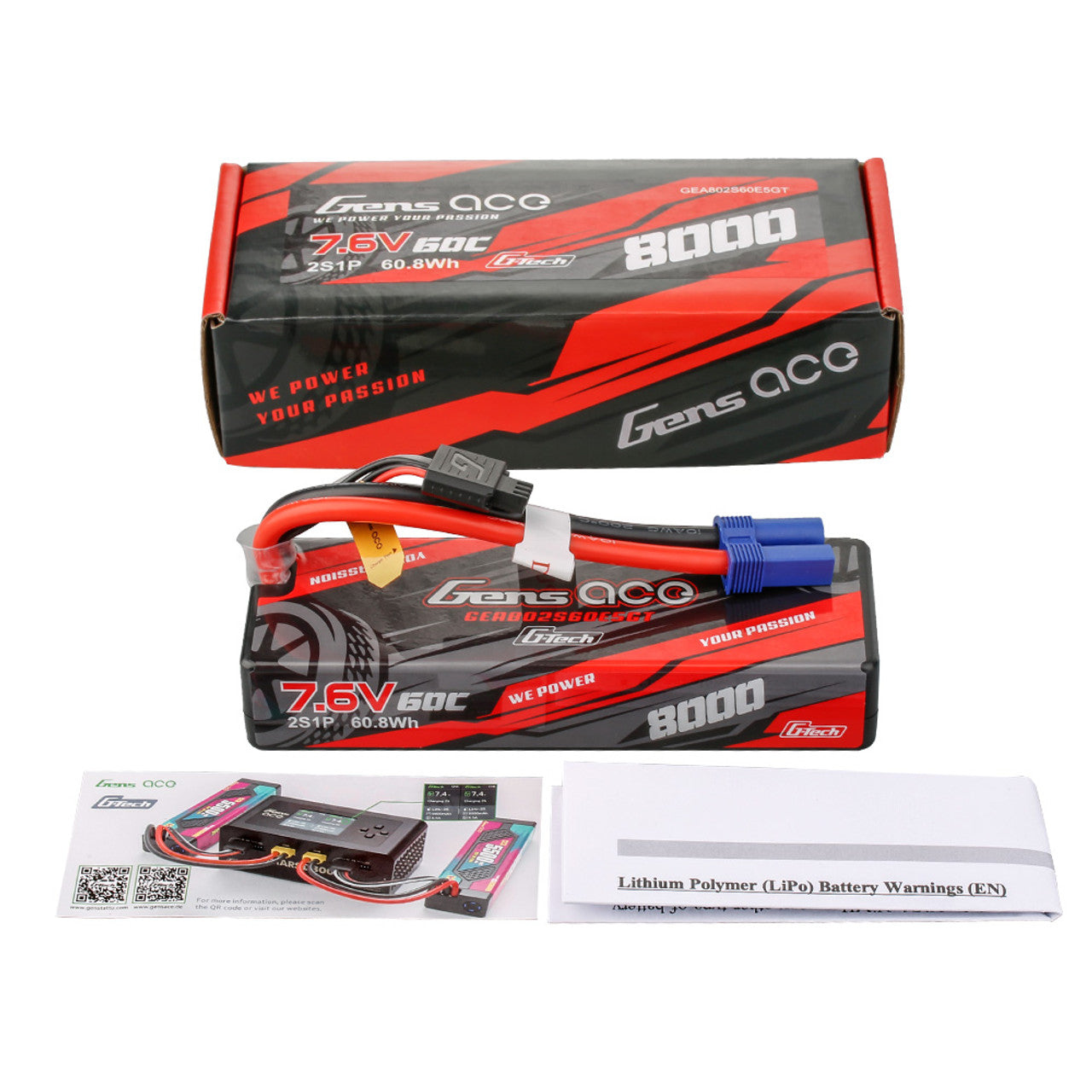Gens Ace 8000mAh 2S 60C G-Tech hardcase LiPo battery with EC5 plug, showing the battery's hard protective case and connectors.