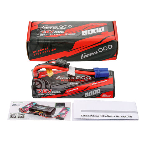 Gens Ace 8000mAh 2S 60C G-Tech hardcase LiPo battery with EC5 plug, showing the battery's hard protective case and connectors.