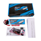 Gens Ace G-Tech 1800mAh 7.4V RC car LiPo battery with 45C discharge rate and 2S1P configuration, shown in the image.