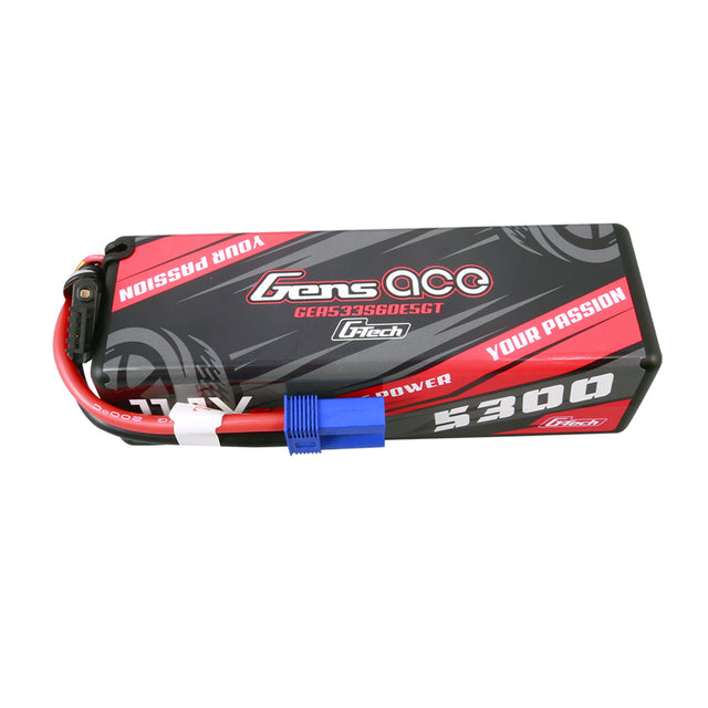 Gens Ace 5300mAh 3S 60C G-Tech hardcase LiPo battery with EC5 plug, showing the battery's label and connectors.