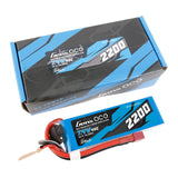 Gens Ace G-Tech 2200mAh 7.4V 45C RC car LiPo battery with black and red connectors, showing the battery's label and terminals.