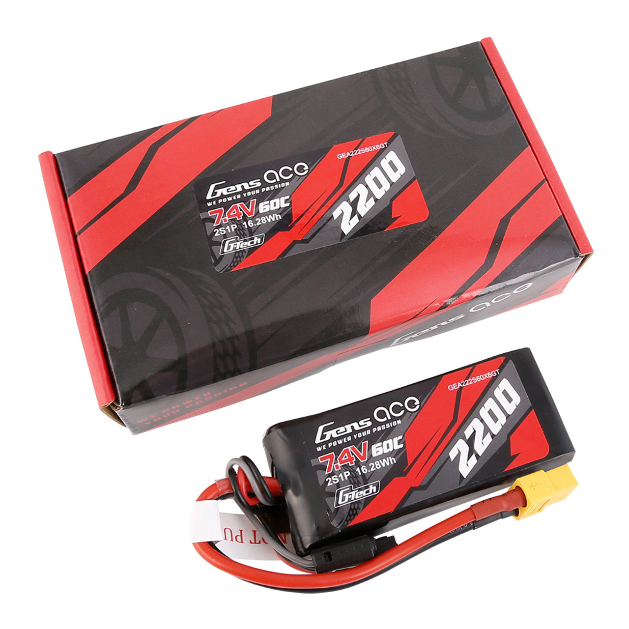 Gens Ace G-Tech 2200mAh 7.4V 60C RC car Lipo battery with XT60 connector, showing the battery's compact design and connector details.