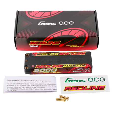 Gens Ace 5000mAh 2S 140C Redline 2.0 LiPo battery showing red and black connectors and branding on the battery pack.