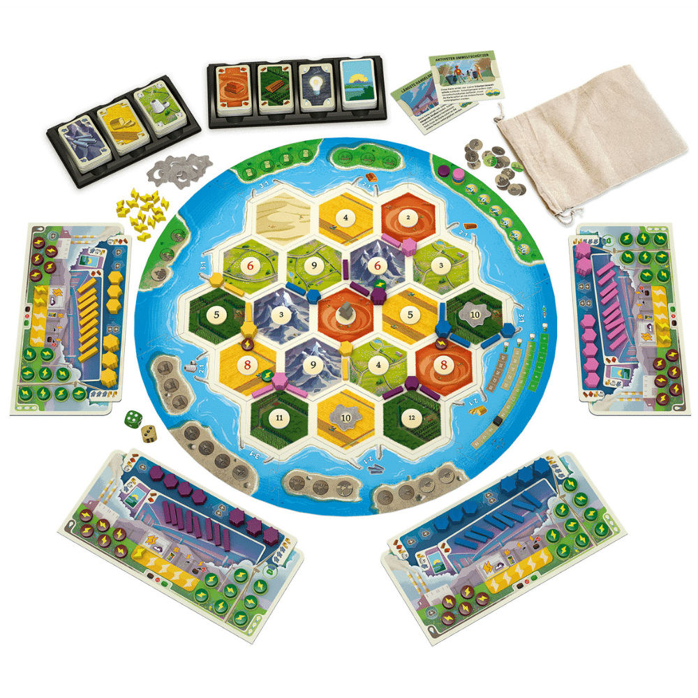 Catan: New Energies board game by Catan Studio showing colorful game pieces and a game board with energy resource tiles.