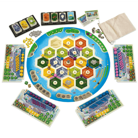 Catan: New Energies board game by Catan Studio showing colorful game pieces and a game board with energy resource tiles.
