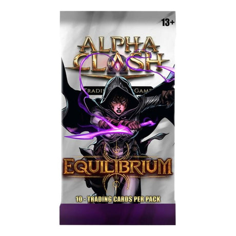 Alpha Clash TCG Equilibrium Booster Pack from Rising Empire Studios featuring colorful collectible trading cards in a sealed pack.