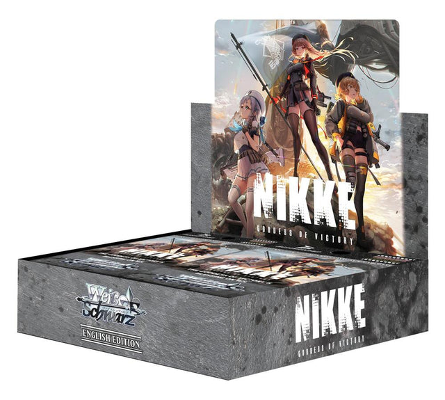 Weiss Schwarz Nikke Goddess of Victory booster box featuring colorful anime-style artwork and card illustrations.