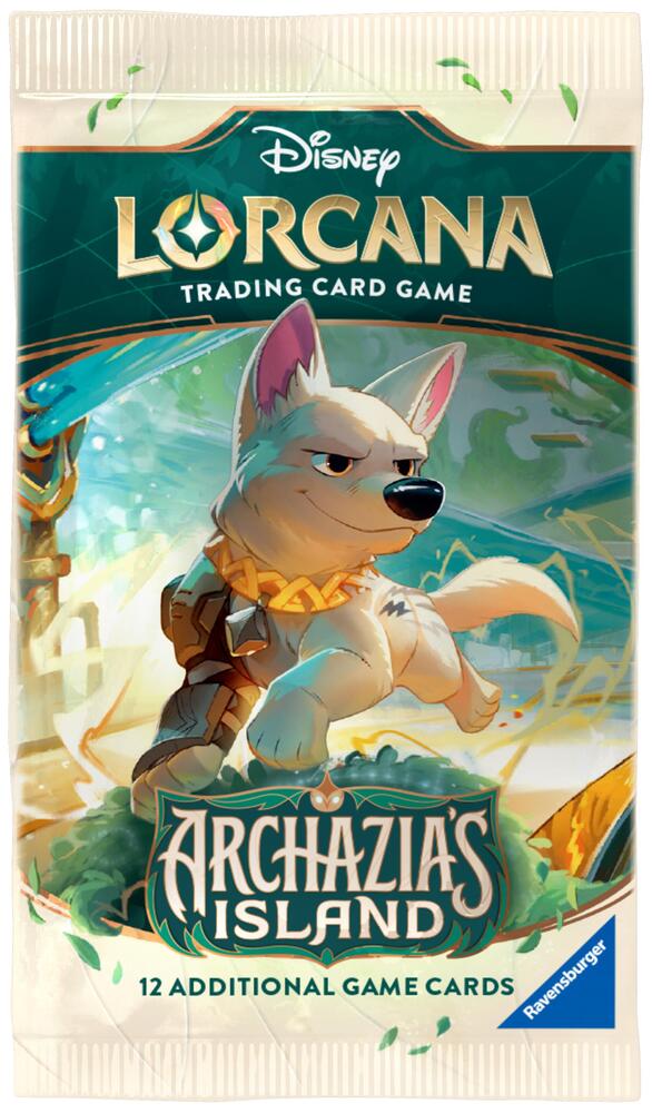 Lorcana TCG Archazia's Island booster pack with colorful card illustrations and fantasy-themed artwork on the packaging.