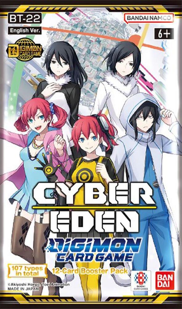 Digimon TCG Cyber Eden Booster Pack by Bandai with colorful cards from the Digimon Card Game on a white background.