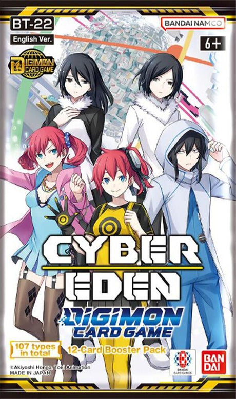 Digimon TCG Cyber Eden Booster Pack by Bandai with colorful cards from the Digimon Card Game on a white background.