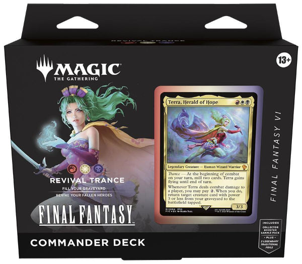 MTG: Final Fantasy Commander Decks by Wizards of the Coast, featuring colorful fantasy artwork and card decks on a white background.