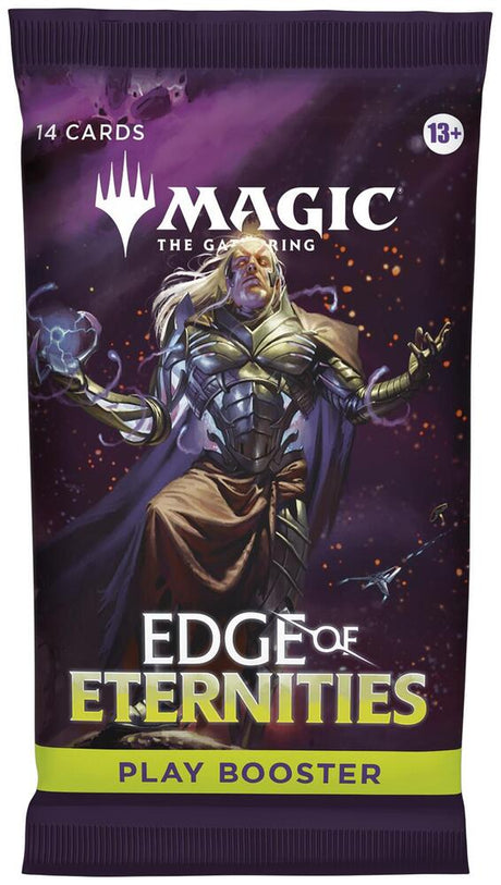 MTG Edge of Eternities Play Booster Pack by Wizards of the Coast showing colorful booster pack with Magic: The Gathering branding.