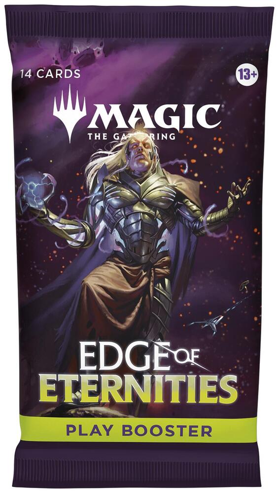 MTG Edge of Eternities Play Booster Pack by Wizards of the Coast showing colorful booster pack with Magic: The Gathering branding.