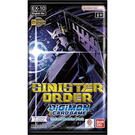 Bandai Digimon Sinister Order Booster Pack EX-10 with colorful cards, featuring Digimon characters in vibrant artwork.